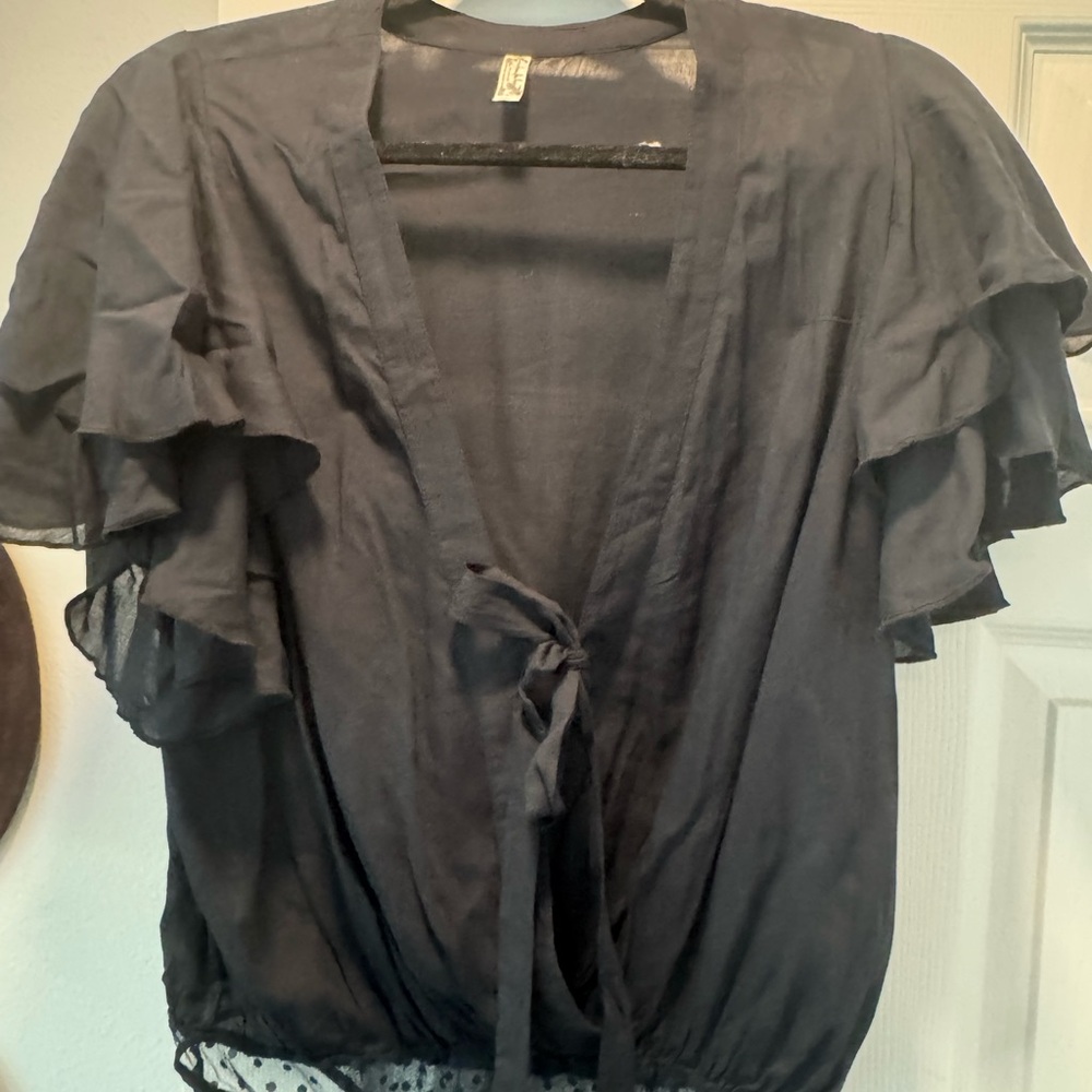 Free People Black Flutter Sleeve Blouse with Tie Front